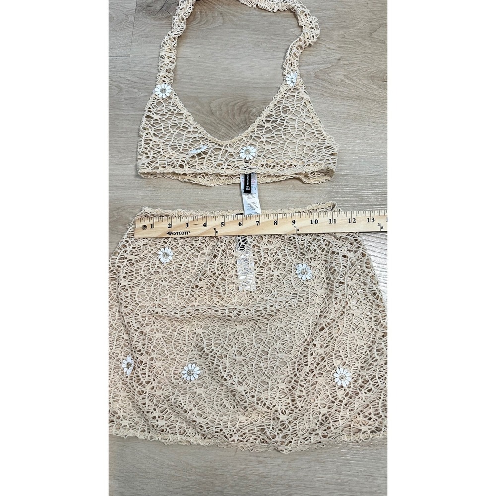 PrettyLittleThing Skirt Set Womens Boho Festival 2 Beige Ivory Crochet Vacation - Picture 4 of 5